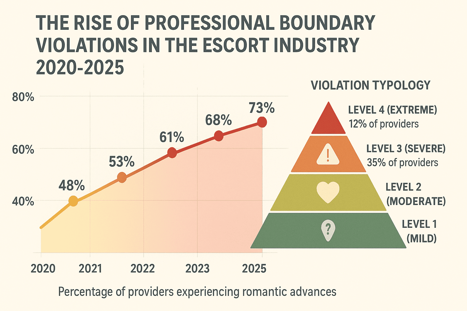 Statistikgrafik zeigt Anstieg der Grenzverletzungen von 42% im Jahr 2020 auf 73% im Jahr 2025 mit vierstufiger Schweregradpyramide