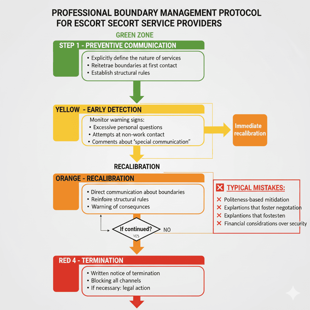 Entscheidungsbaum-Flussdiagramm f&uuml;r professionelles Grenzmanagement zeigt vier Stufen von pr&auml;ventiver Kommunikation bis Kundenbeendigung mit farbcodierten Risikoebenen