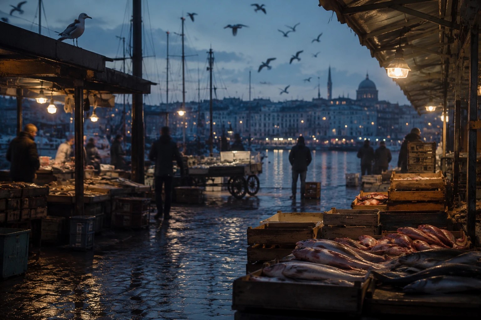 Воскресный Fischmarkt рядом с Репербаном на рассвете